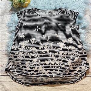 ELLE Black White Stripe Floral Printed Blouse sz S